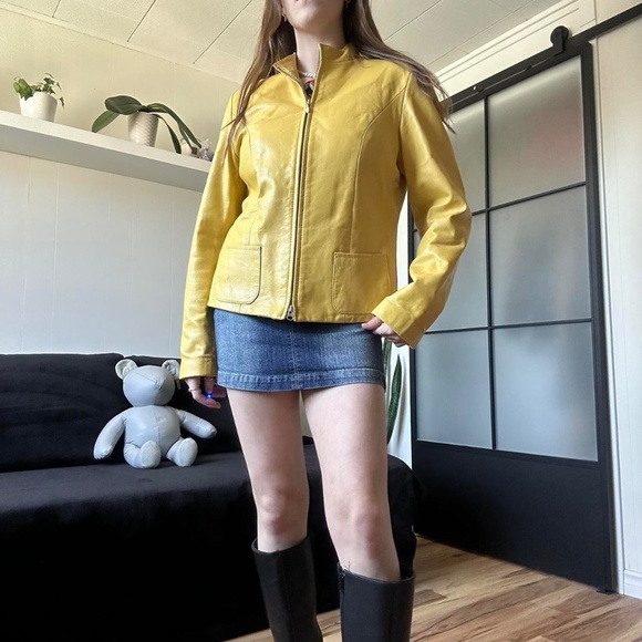 Vtg 1990s Rare Yellow Genuine Leather Double Zip Jacket - Crop Fit - Picture 7 of 8